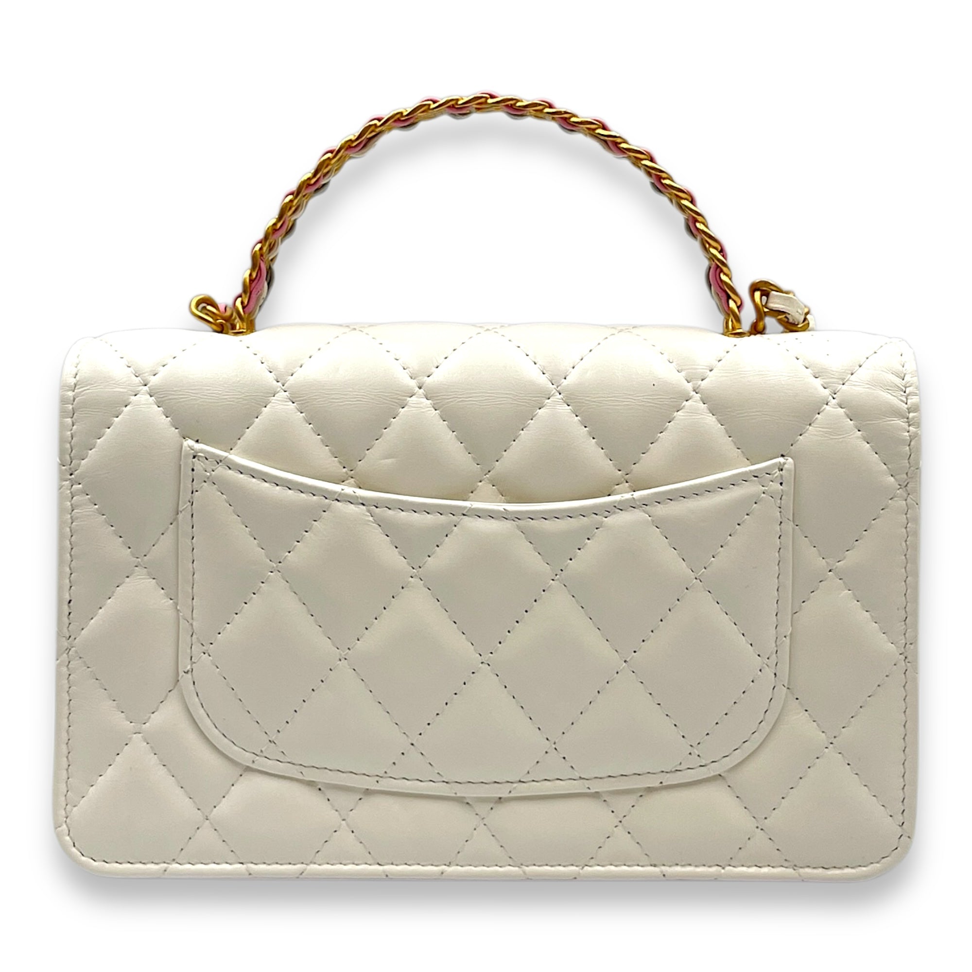 Quilted Rainbow White Top Handle Bag in Lambskin, Gold hardware