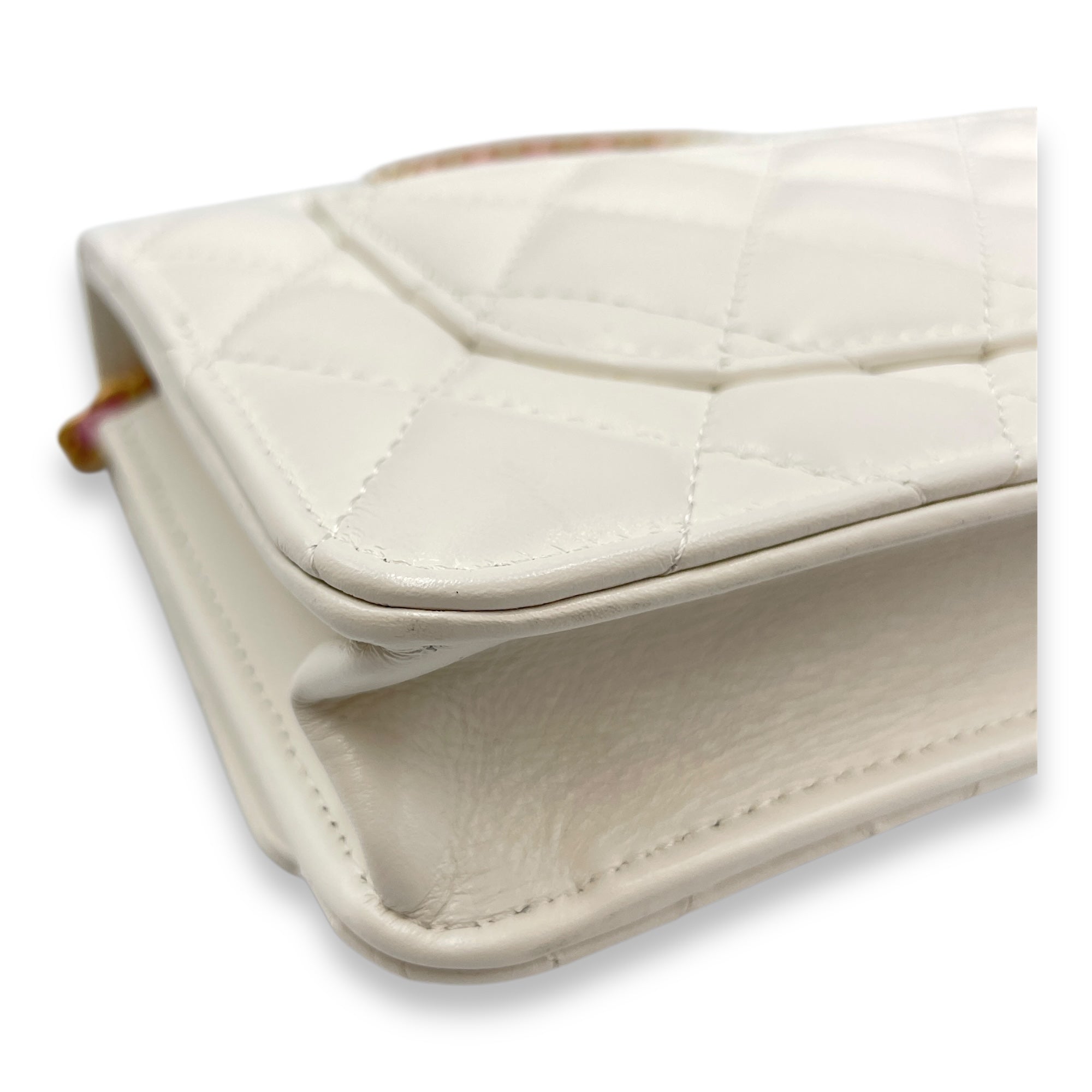 Quilted Rainbow White Top Handle Bag in Lambskin, Gold hardware