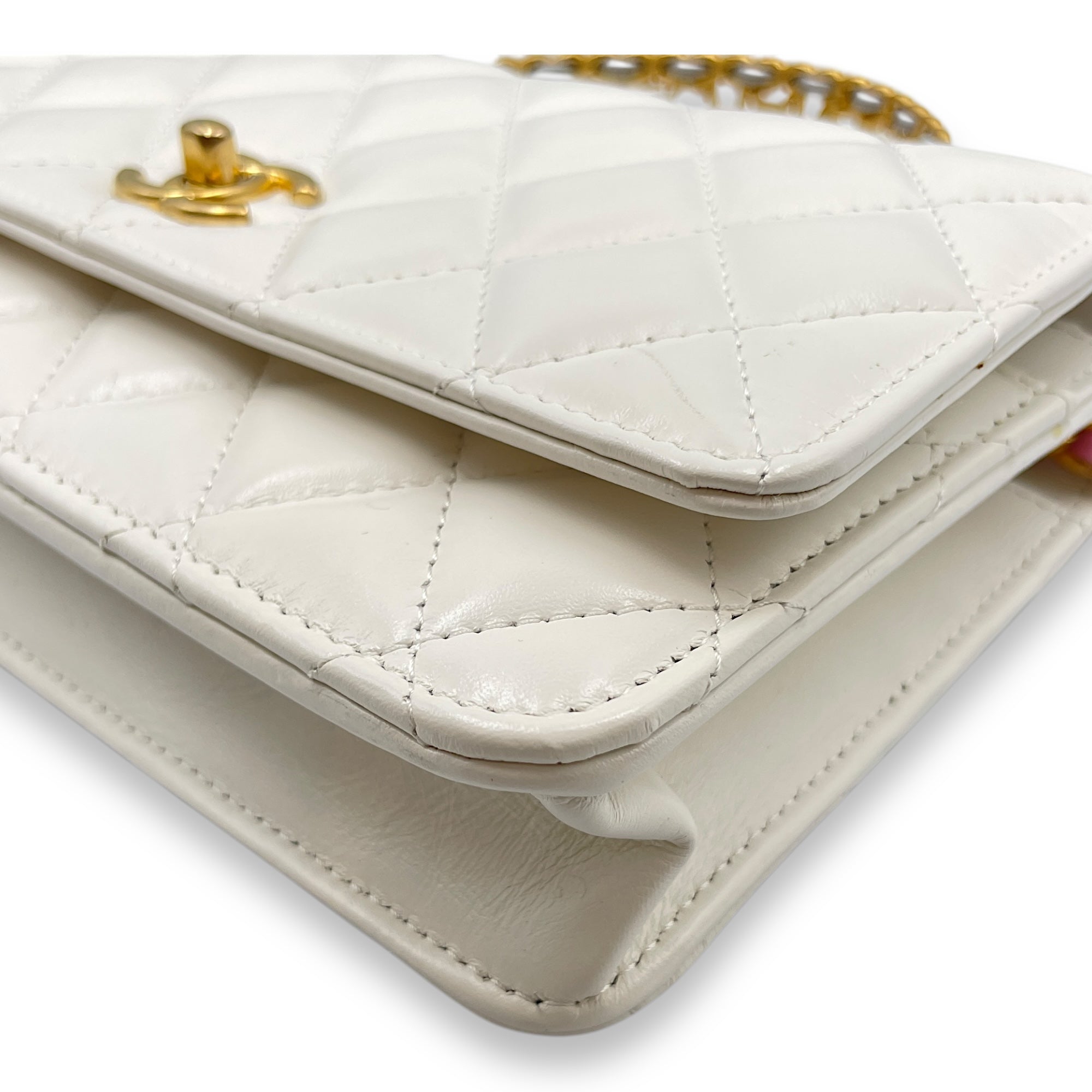 Quilted Rainbow White Top Handle Bag in Lambskin, Gold hardware