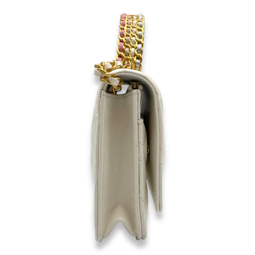 Quilted Rainbow White Top Handle Bag in Lambskin, Gold hardware