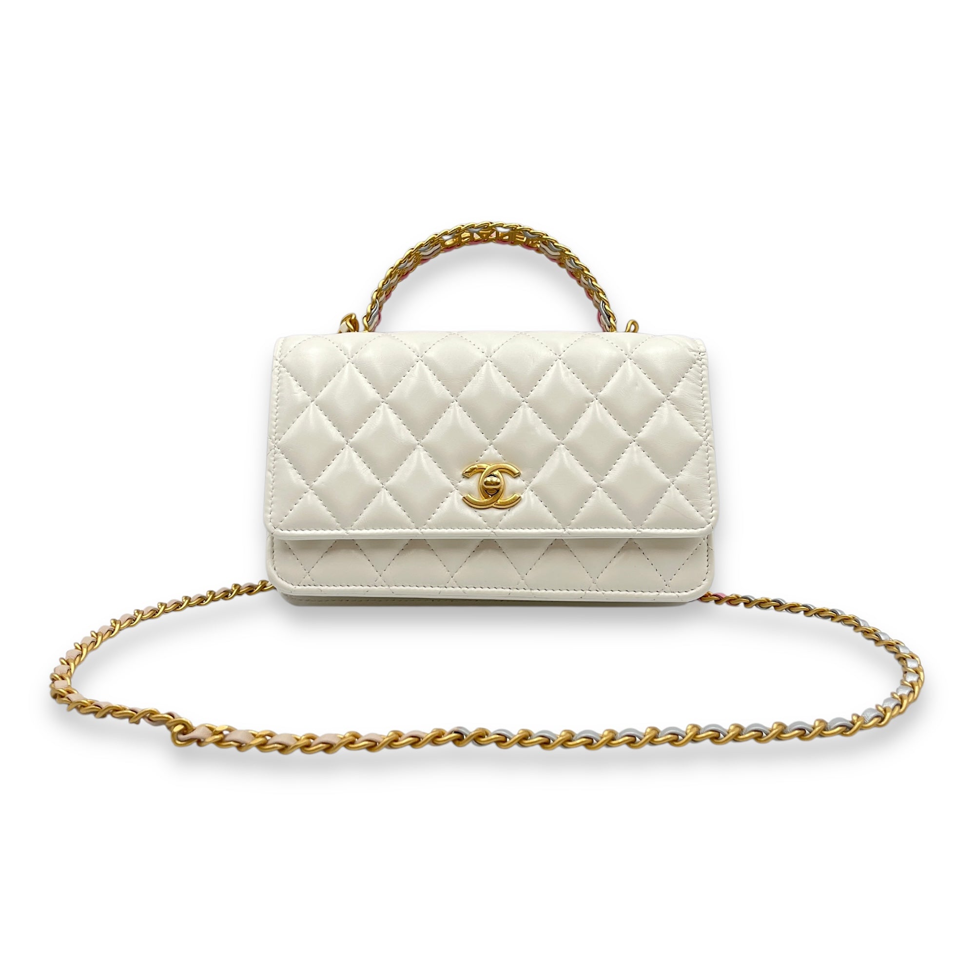 Quilted Rainbow White Top Handle Bag in Lambskin, Gold hardware