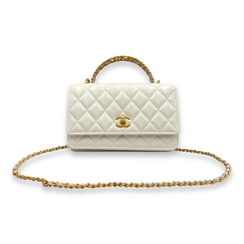 Quilted Rainbow White Top Handle Bag in Lambskin, Gold hardware