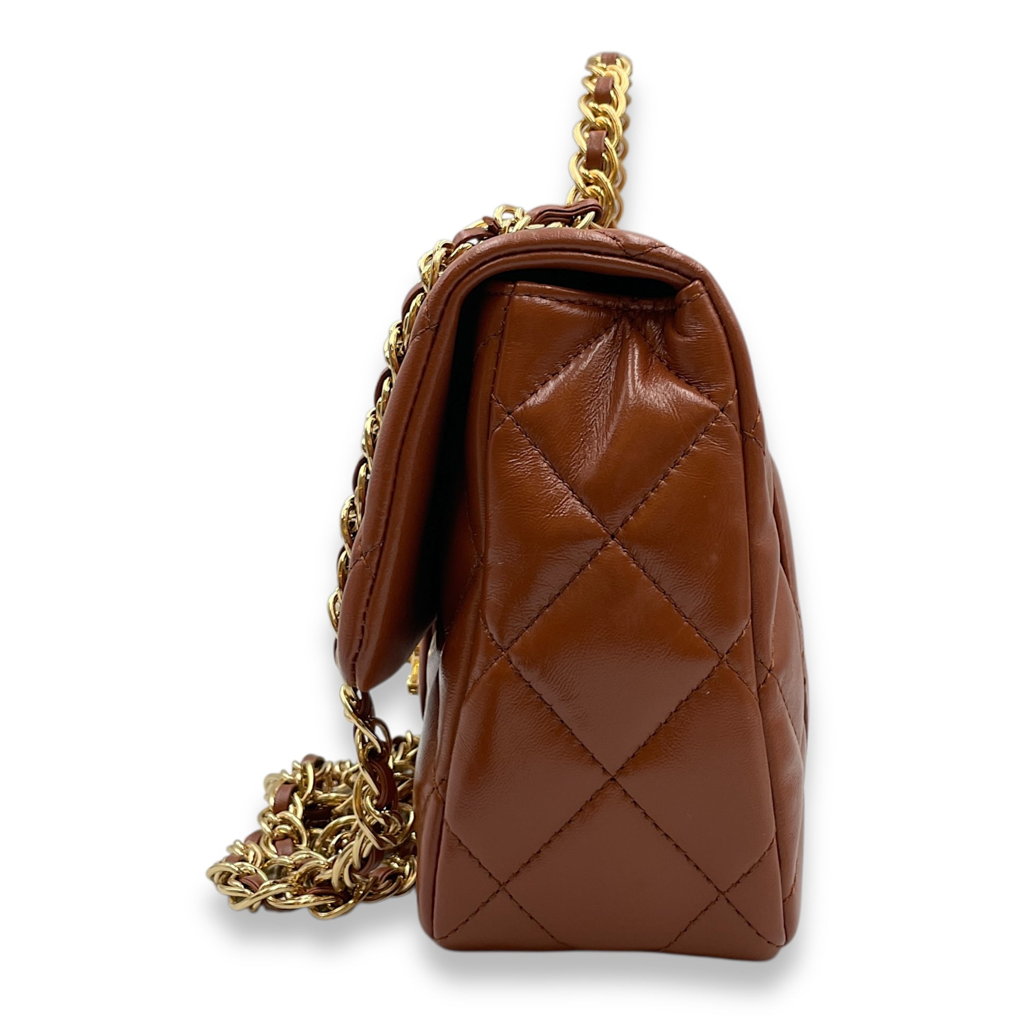 Timeless Classique Flap Brown Top Handle Bag in Lambskin, Gold hardware