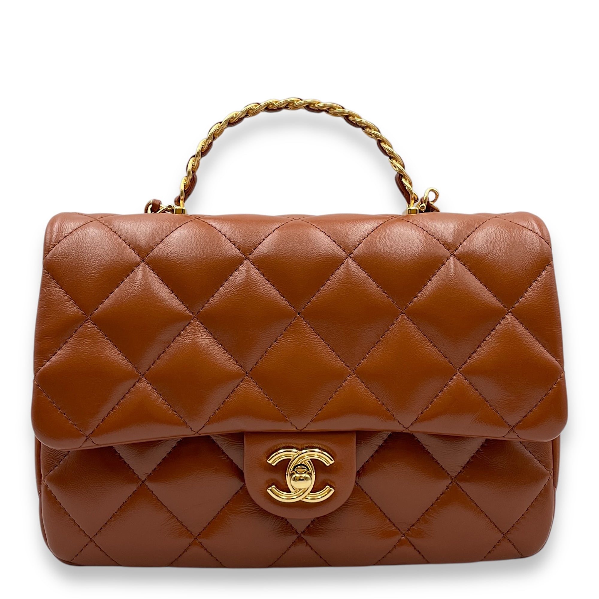 Timeless Classique Flap Brown Top Handle Bag in Lambskin, Gold hardware