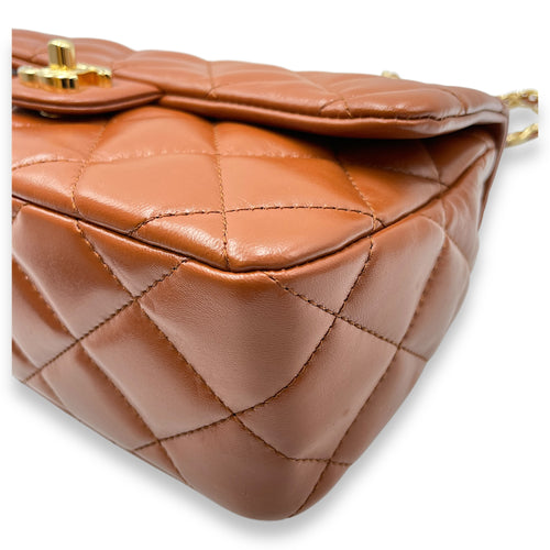 Timeless Classique Flap Brown Top Handle Bag in Lambskin, Gold hardware