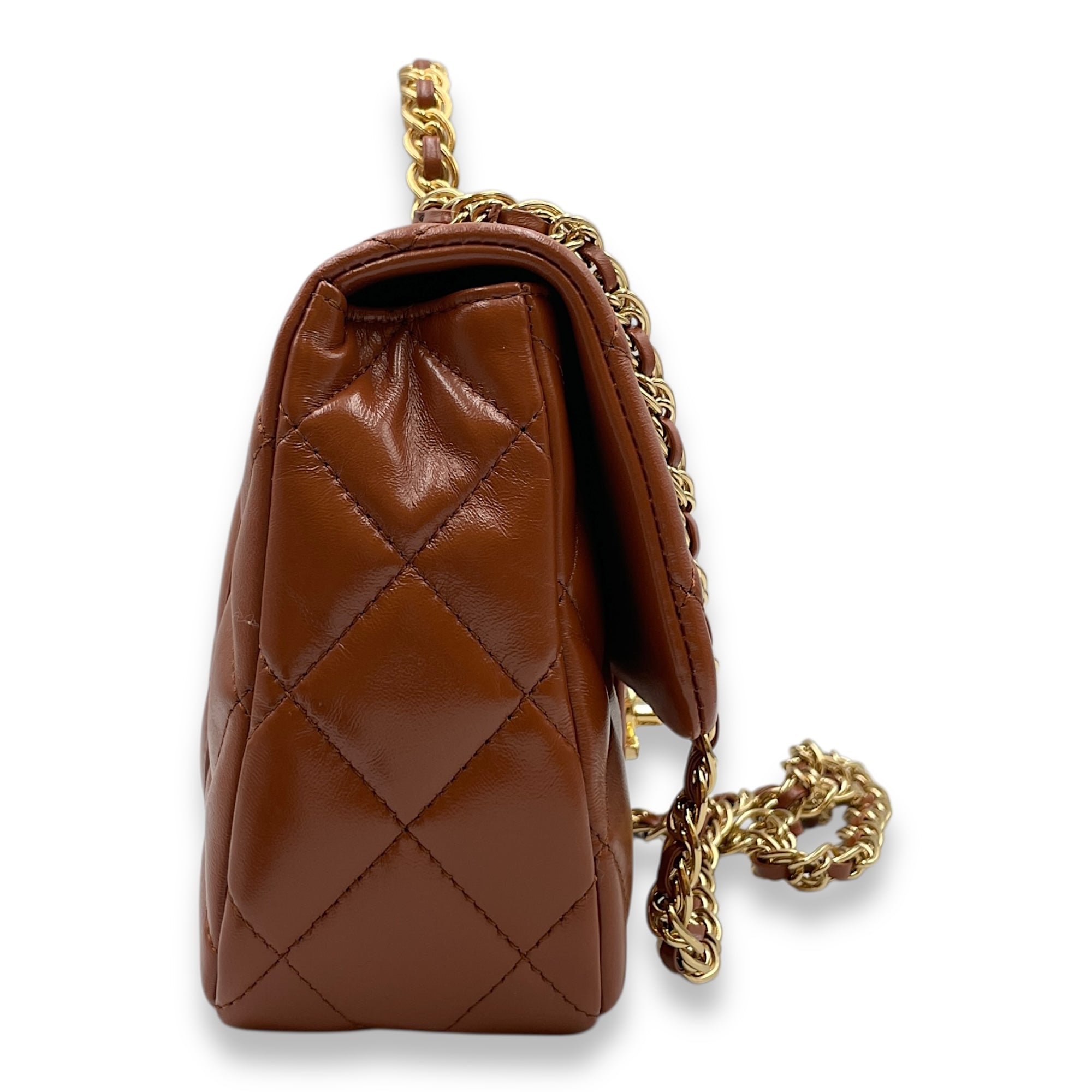 Timeless Classique Flap Brown Top Handle Bag in Lambskin, Gold hardware