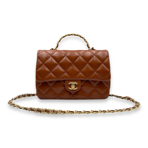 Timeless Classique Flap Brown Top Handle Bag in Lambskin, Gold hardware