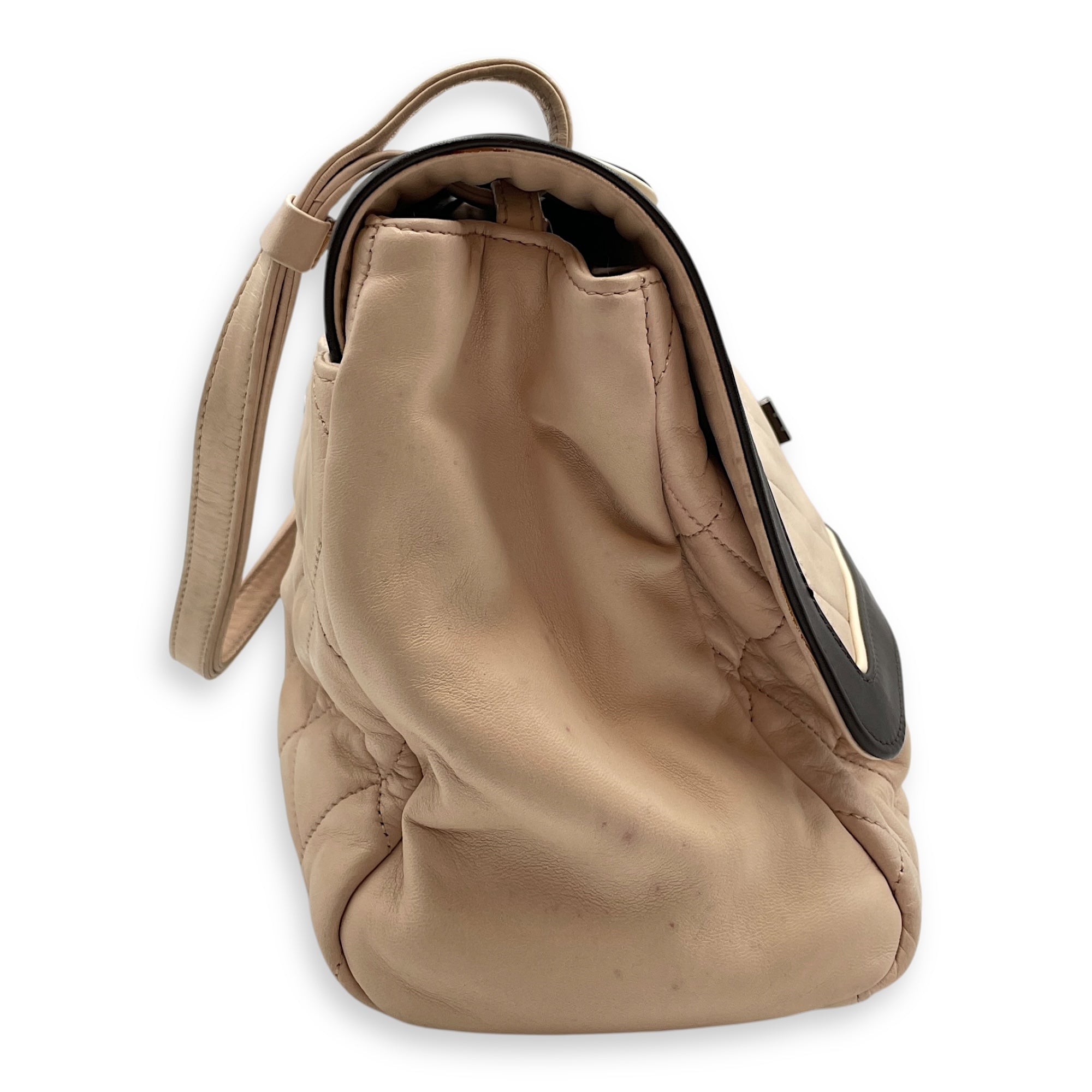Two Tone Mademoiselle Lock Flap Beige Sholder bag in Lambskin, Silver hardware