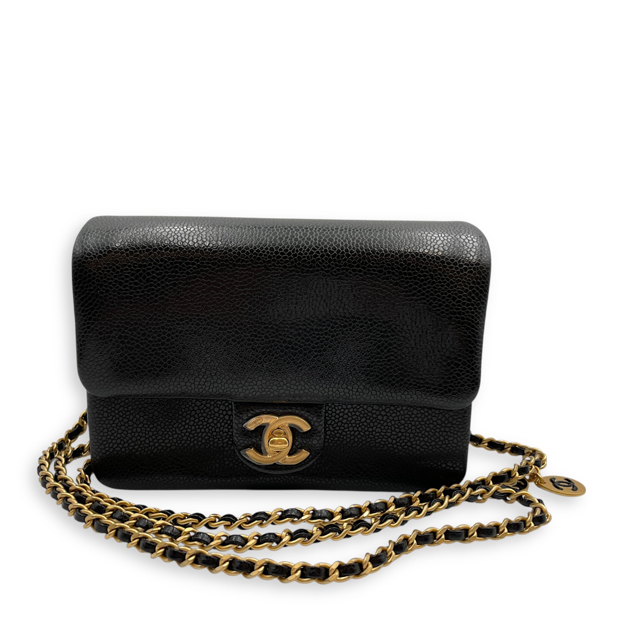 CC Flap Mini Black Crossbody Bag in Calfskin, Gold hardware