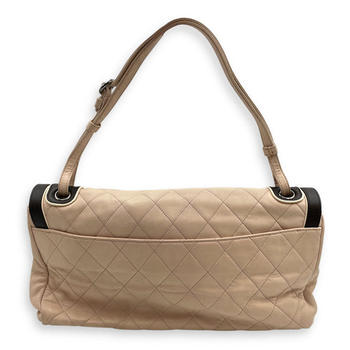 Two Tone Mademoiselle Lock Flap Beige Sholder bag in Lambskin, Silver hardware