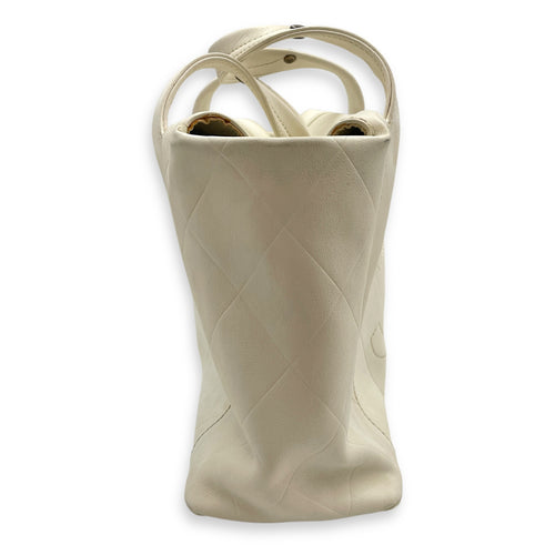 CC Chevron All Day Long White Tote Bag in Calfskin, Brushed Palladium hardware