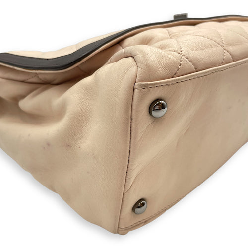 Two Tone Mademoiselle Lock Flap Beige Sholder bag in Lambskin, Silver hardware