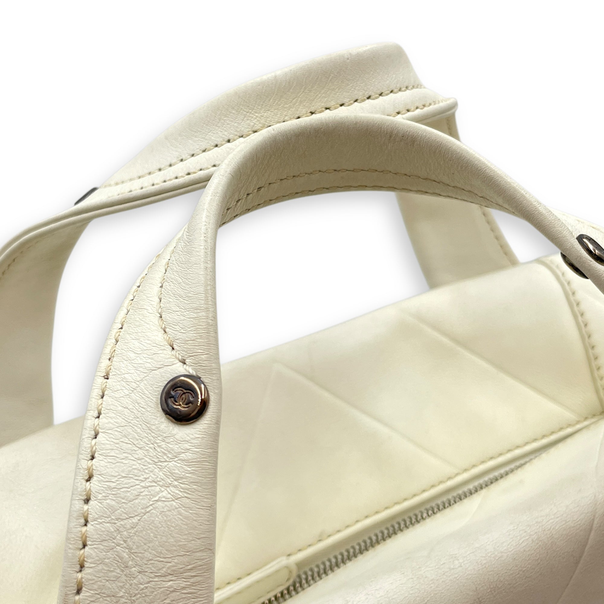 CC Chevron All Day Long White Tote Bag in Calfskin, Brushed Palladium hardware
