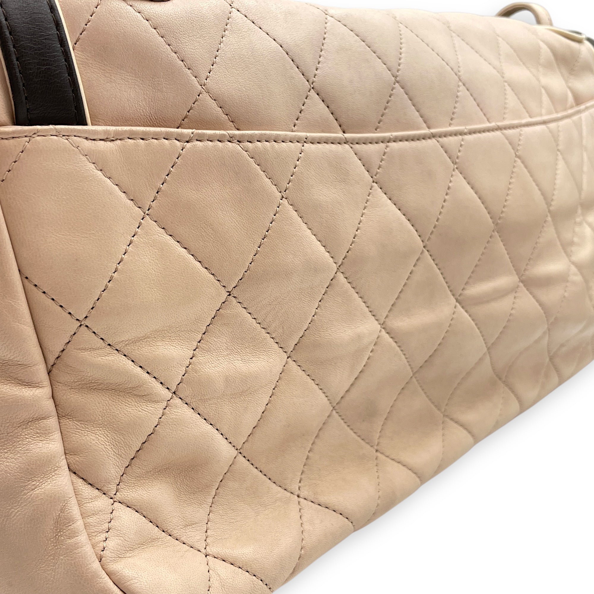 Two Tone Mademoiselle Lock Flap Beige Sholder bag in Lambskin, Silver hardware