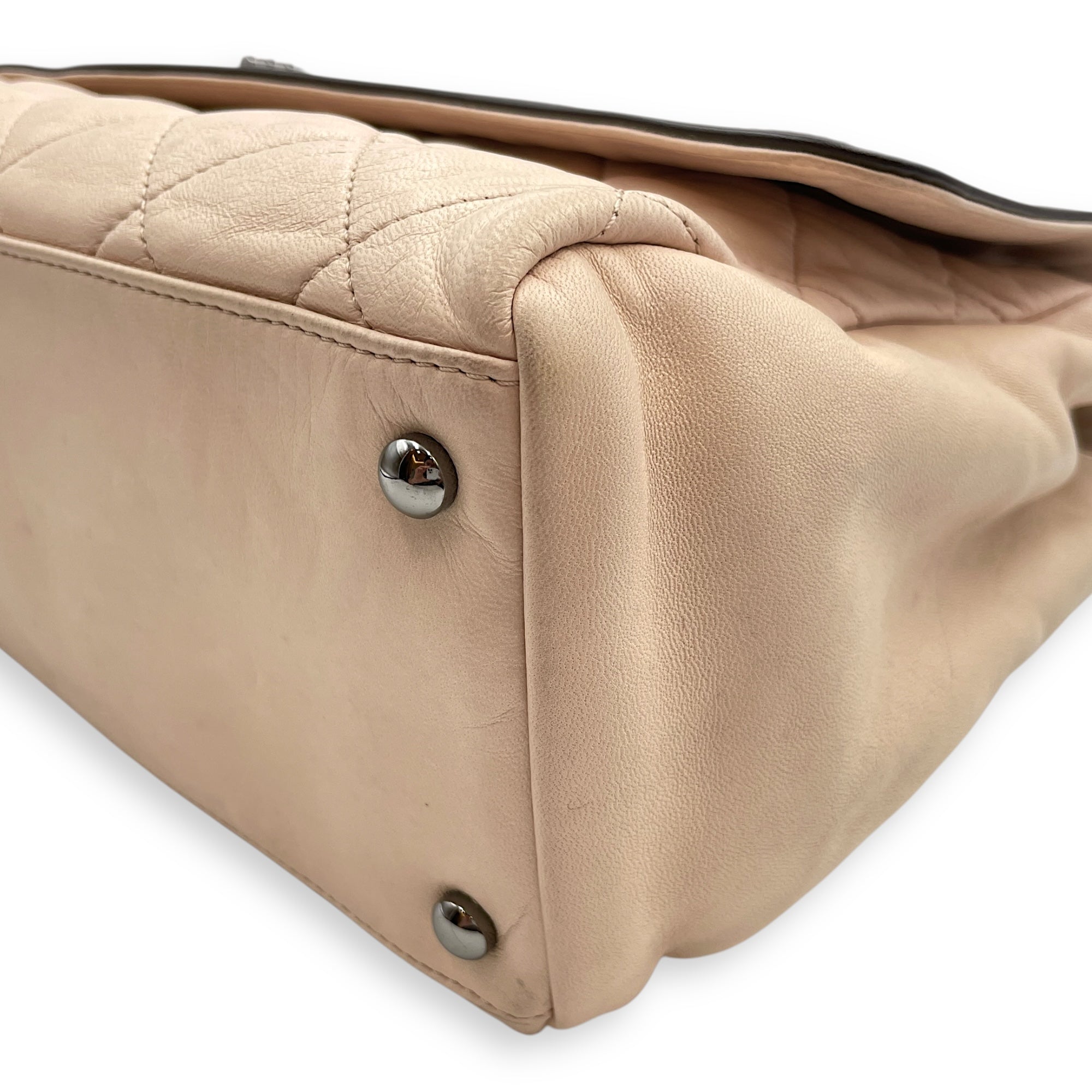 Two Tone Mademoiselle Lock Flap Beige Sholder bag in Lambskin, Silver hardware
