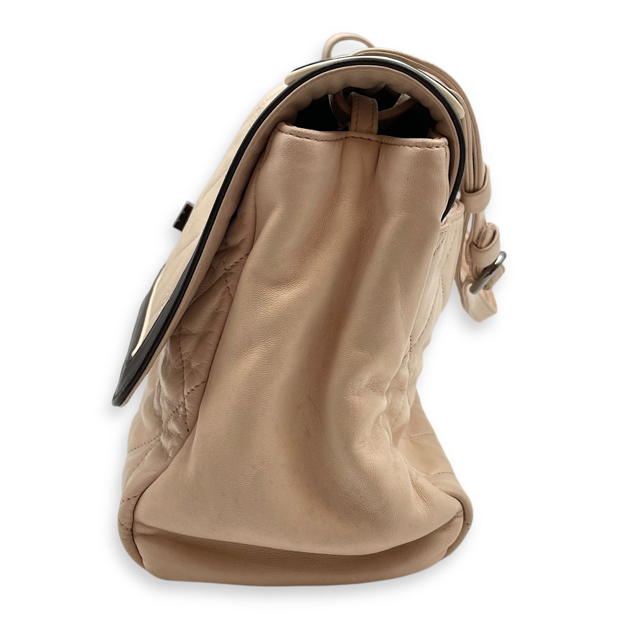 Two Tone Mademoiselle Lock Flap Beige Sholder bag in Lambskin, Silver hardware