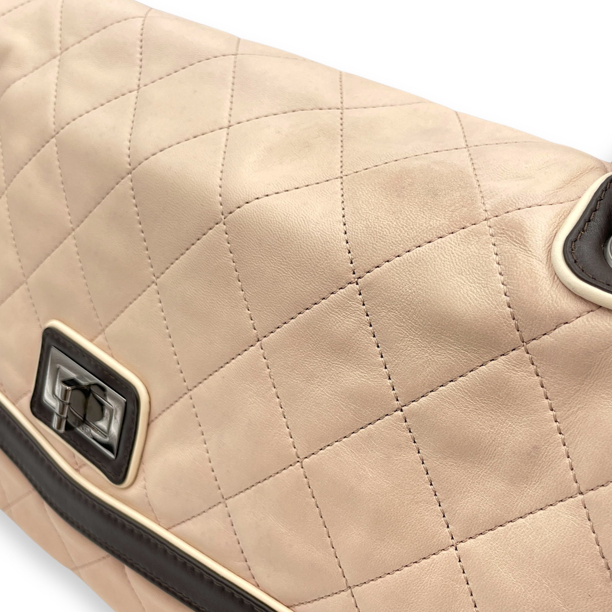 Two Tone Mademoiselle Lock Flap Beige Sholder bag in Lambskin, Silver hardware