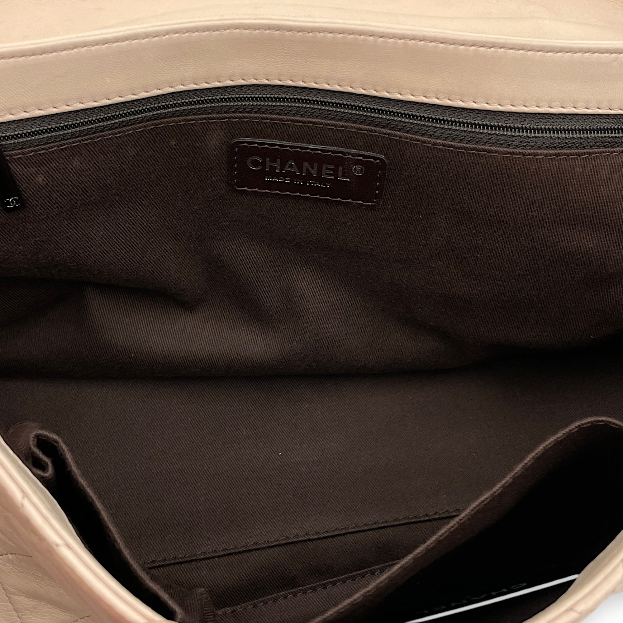 Two Tone Mademoiselle Lock Flap Beige Sholder bag in Lambskin, Silver hardware