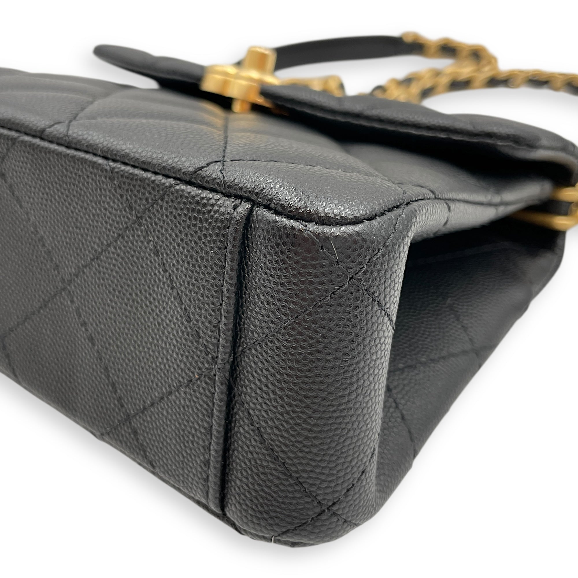 Quilted Rue Cambon 31 Mini Black Top Handle Bag in Caviar Leather, Brushed Gold hardware