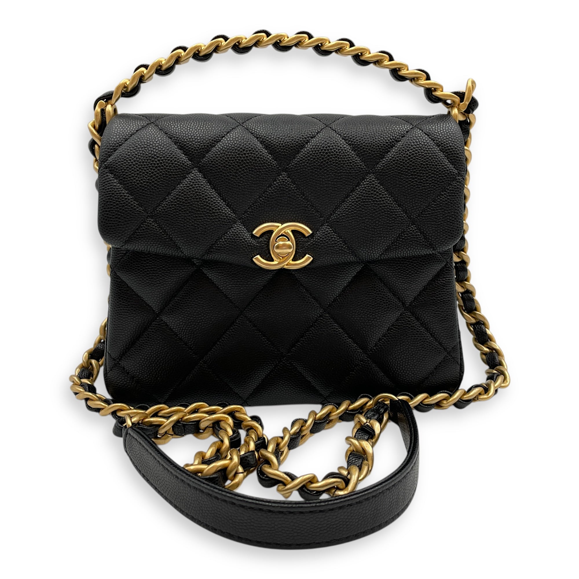 Quilted Rue Cambon 31 Mini Black Top Handle Bag in Caviar Leather, Brushed Gold hardware
