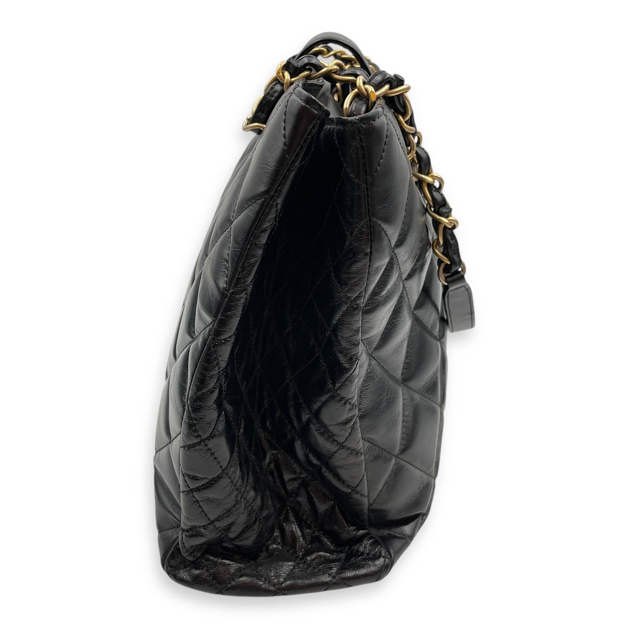 Quilted CC Black Tote Bag in Calfskin, Gold hardware