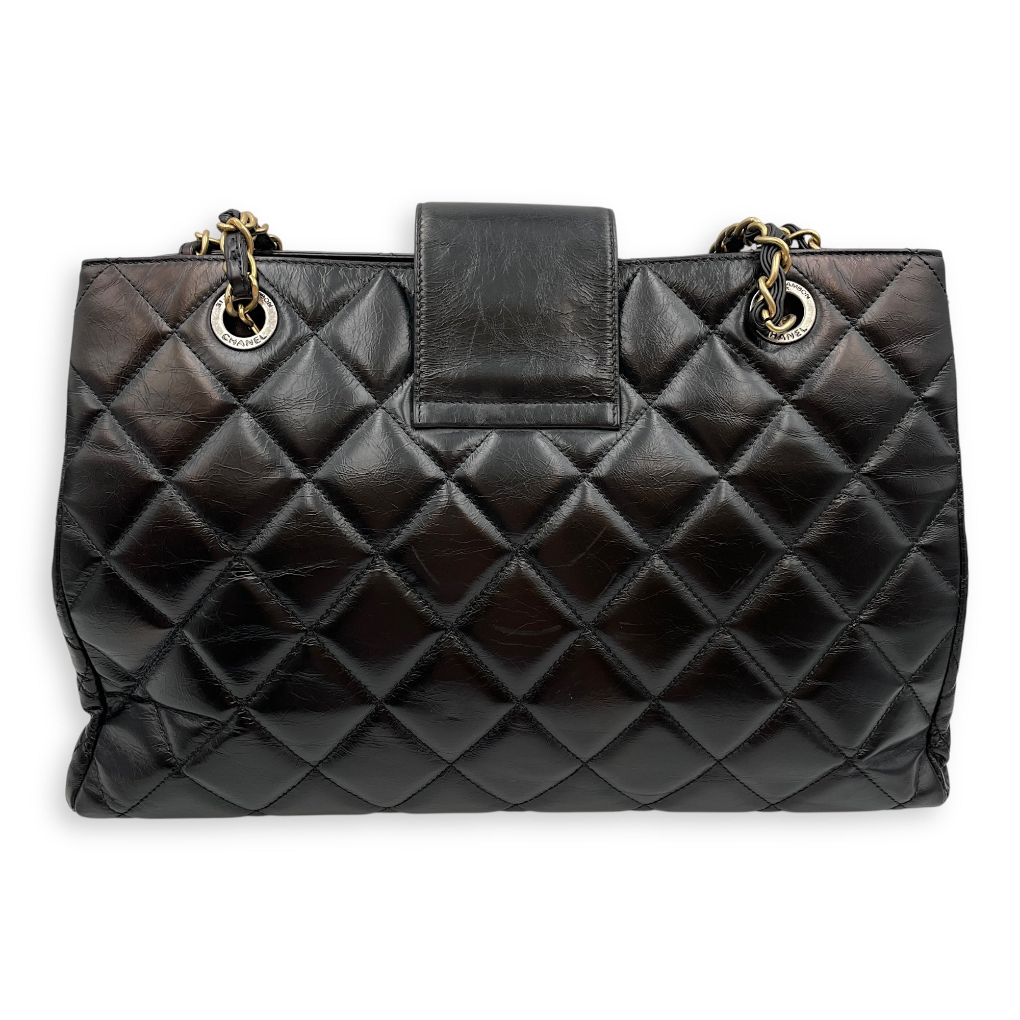Quilted CC Black Tote Bag in Calfskin, Gold hardware
