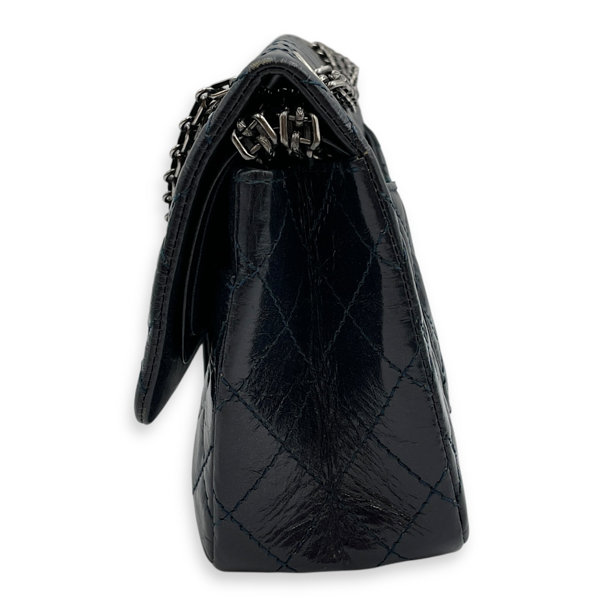 Reissue Blue Double Flap Bag in Distressed Leather, Ruthenium hardware