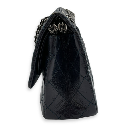 Reissue Blue Double Flap Bag in Distressed Leather, Ruthenium hardware