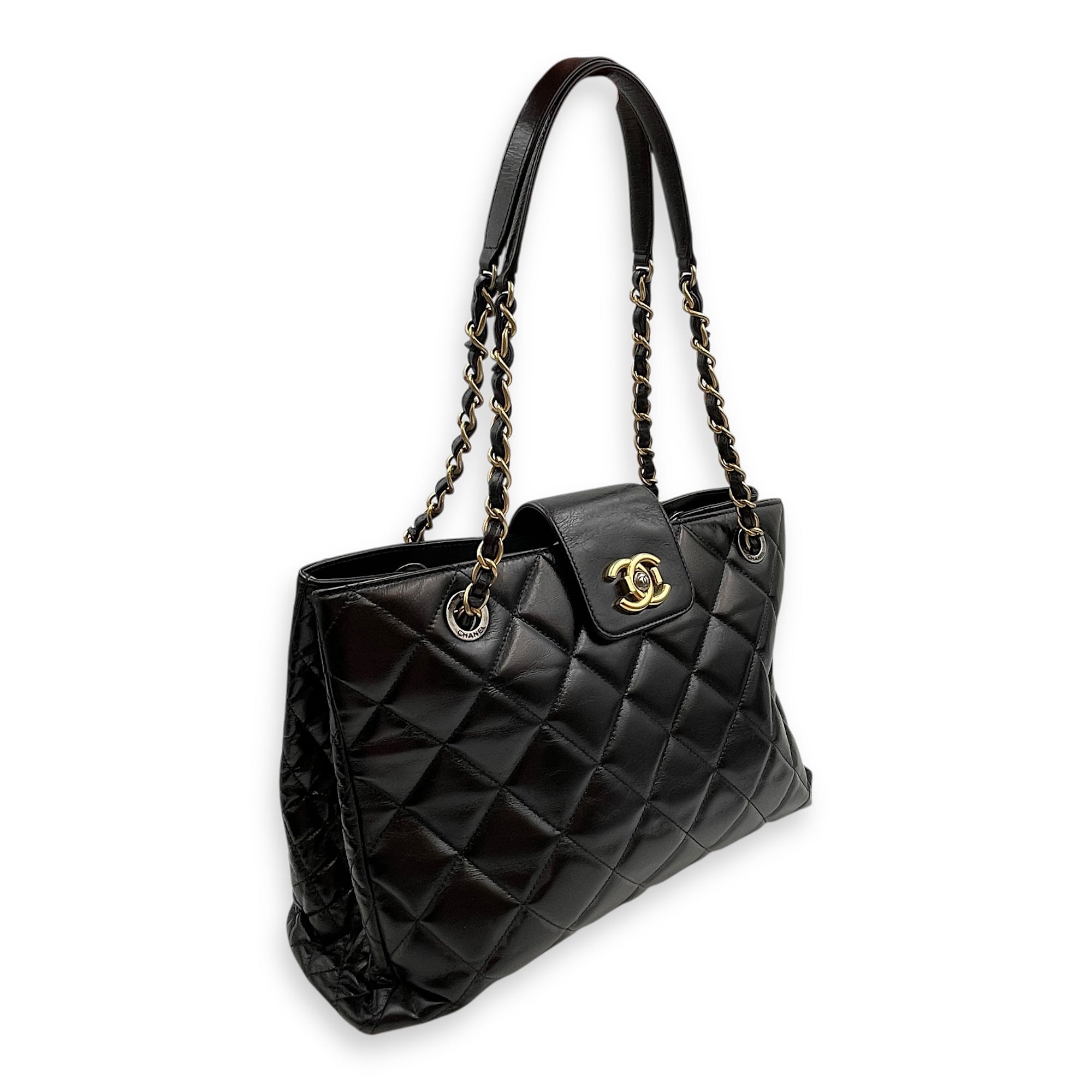 Quilted CC Black Tote Bag in Calfskin, Gold hardware