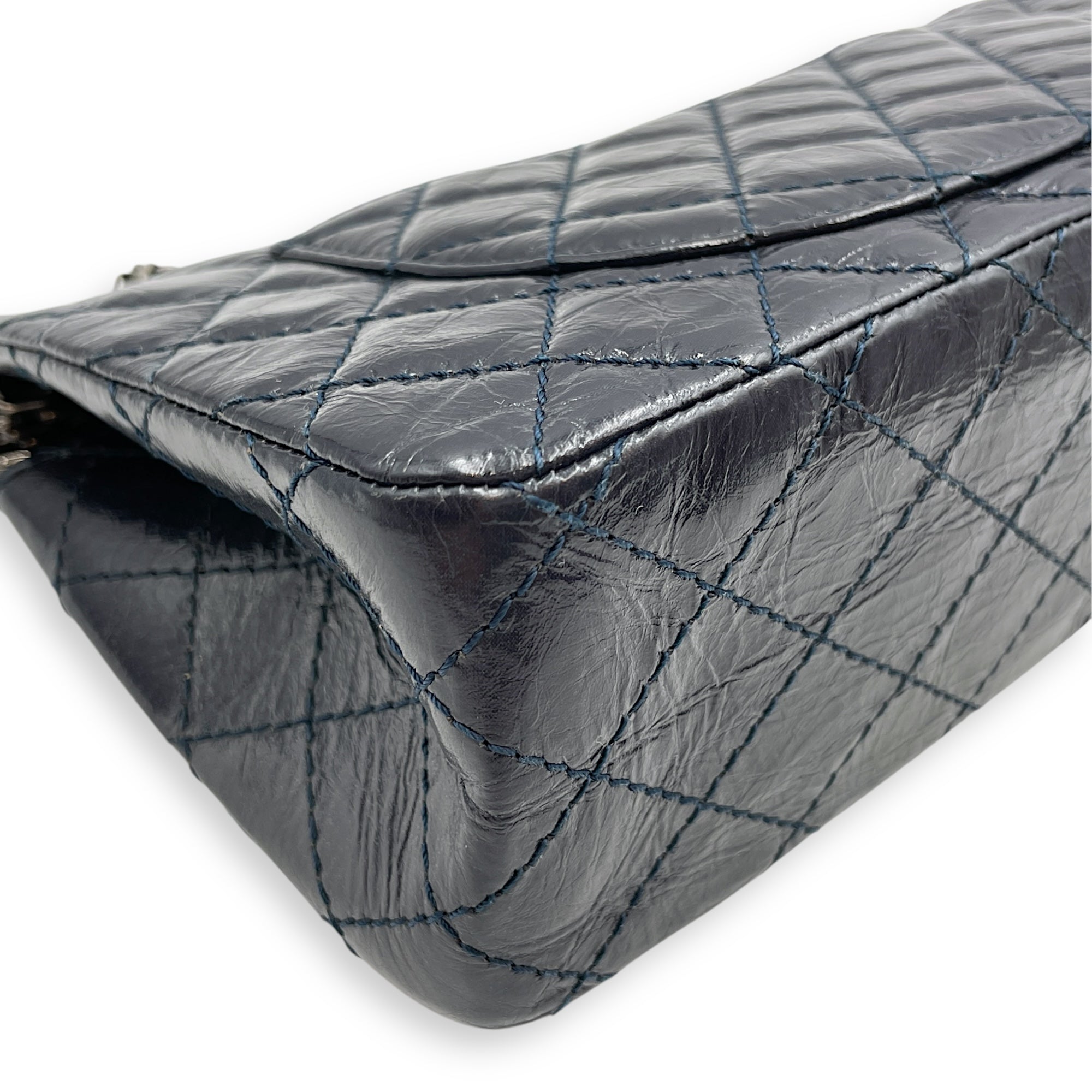 Reissue Blue Double Flap Bag in Distressed Leather, Ruthenium hardware