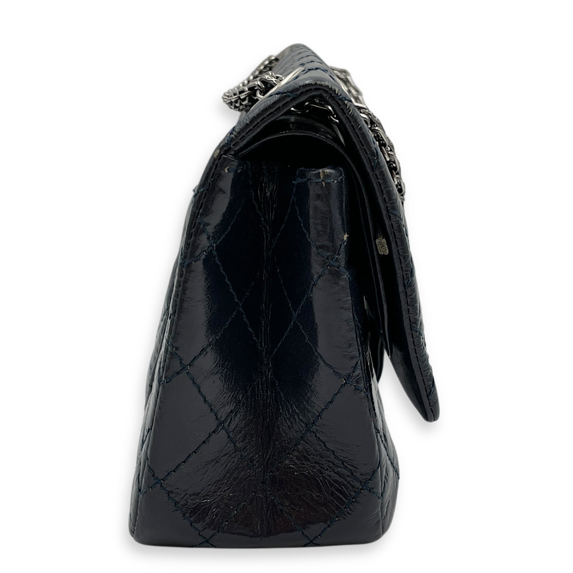 Reissue Blue Double Flap Bag in Distressed Leather, Ruthenium hardware