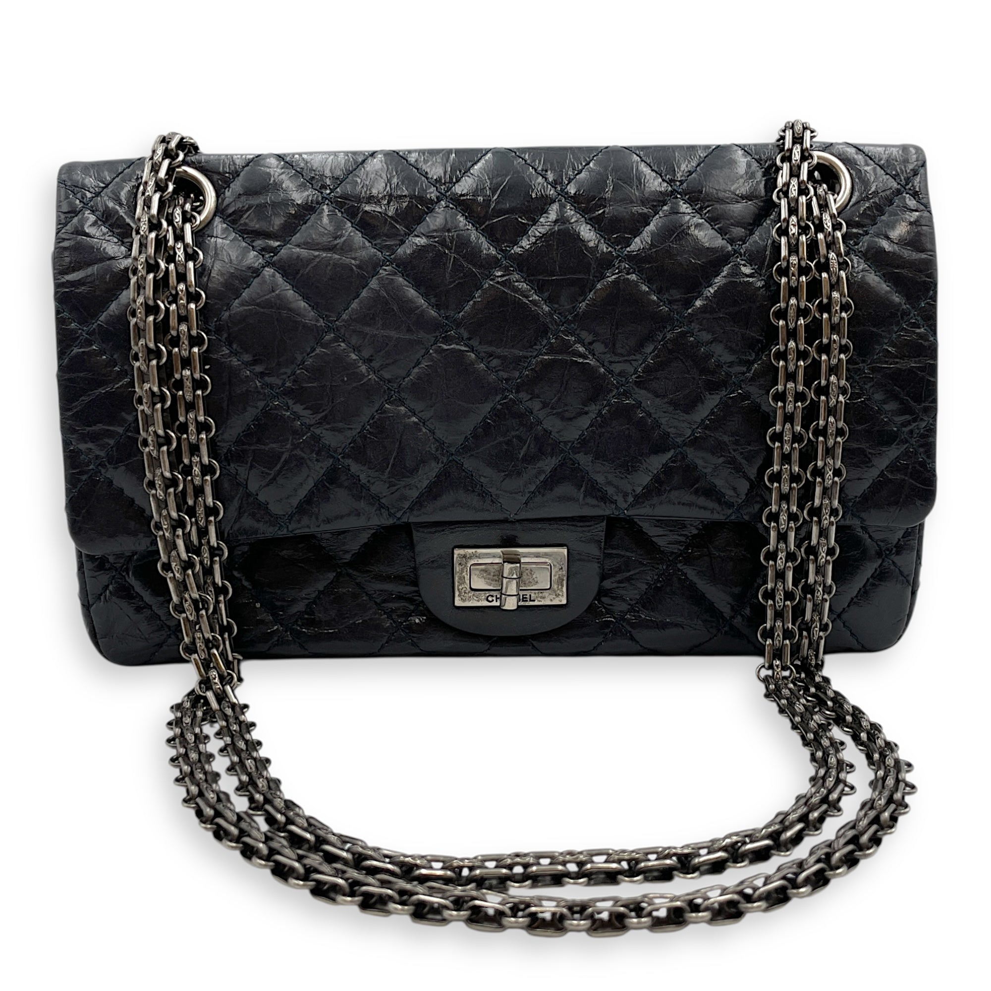 Reissue Blue Double Flap Bag in Distressed Leather, Ruthenium hardware
