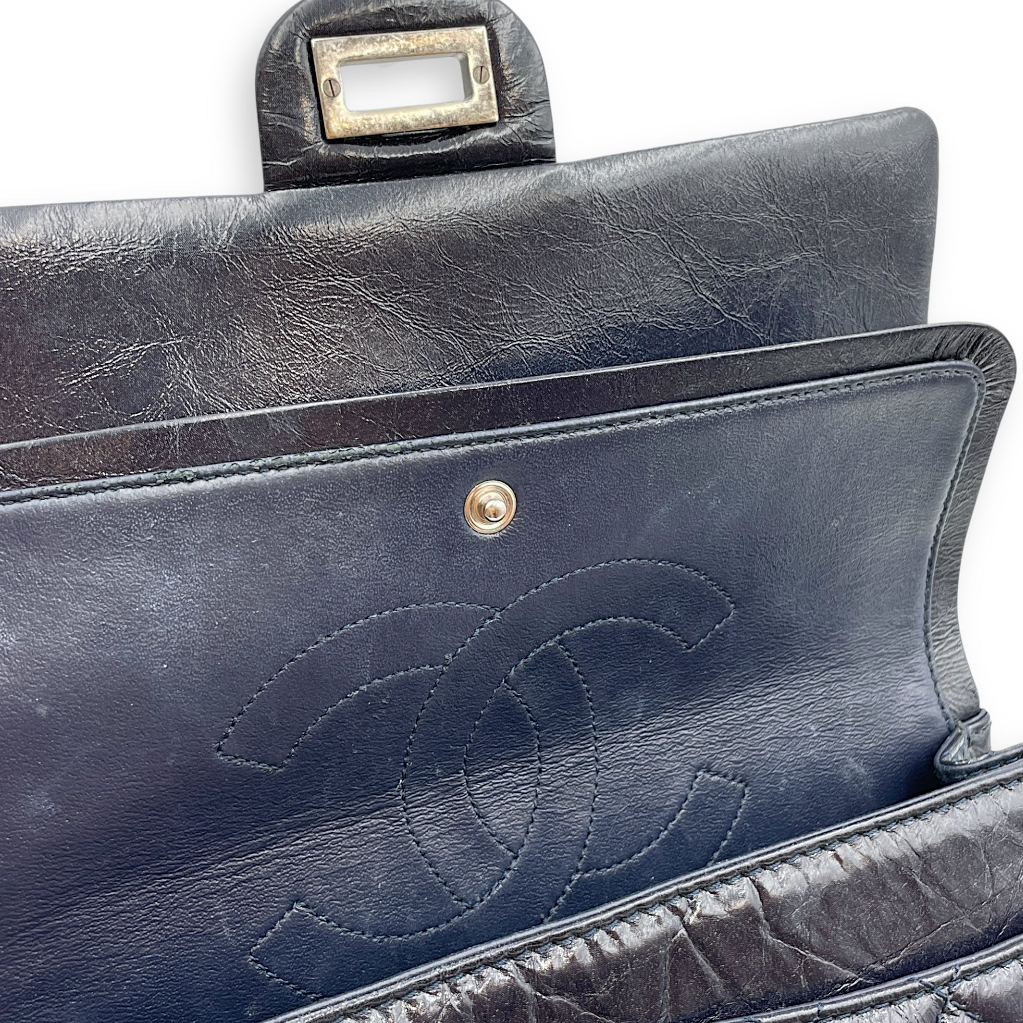 Reissue Blue Double Flap Bag in Distressed Leather, Ruthenium hardware