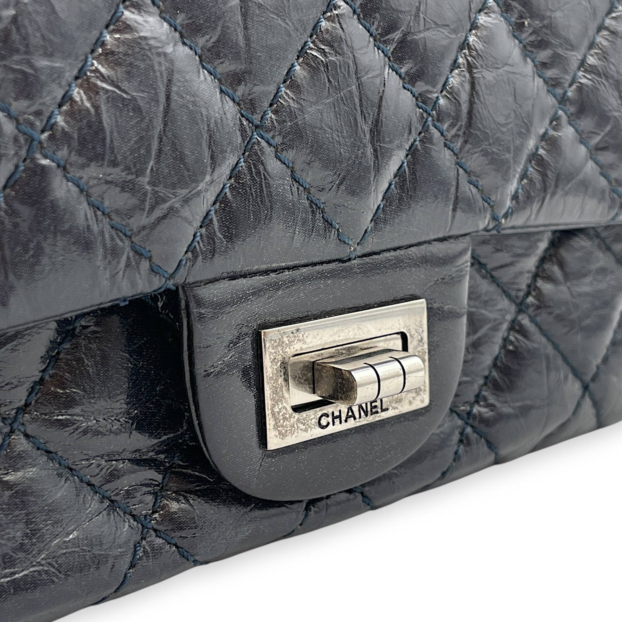 Reissue Blue Double Flap Bag in Distressed Leather, Ruthenium hardware