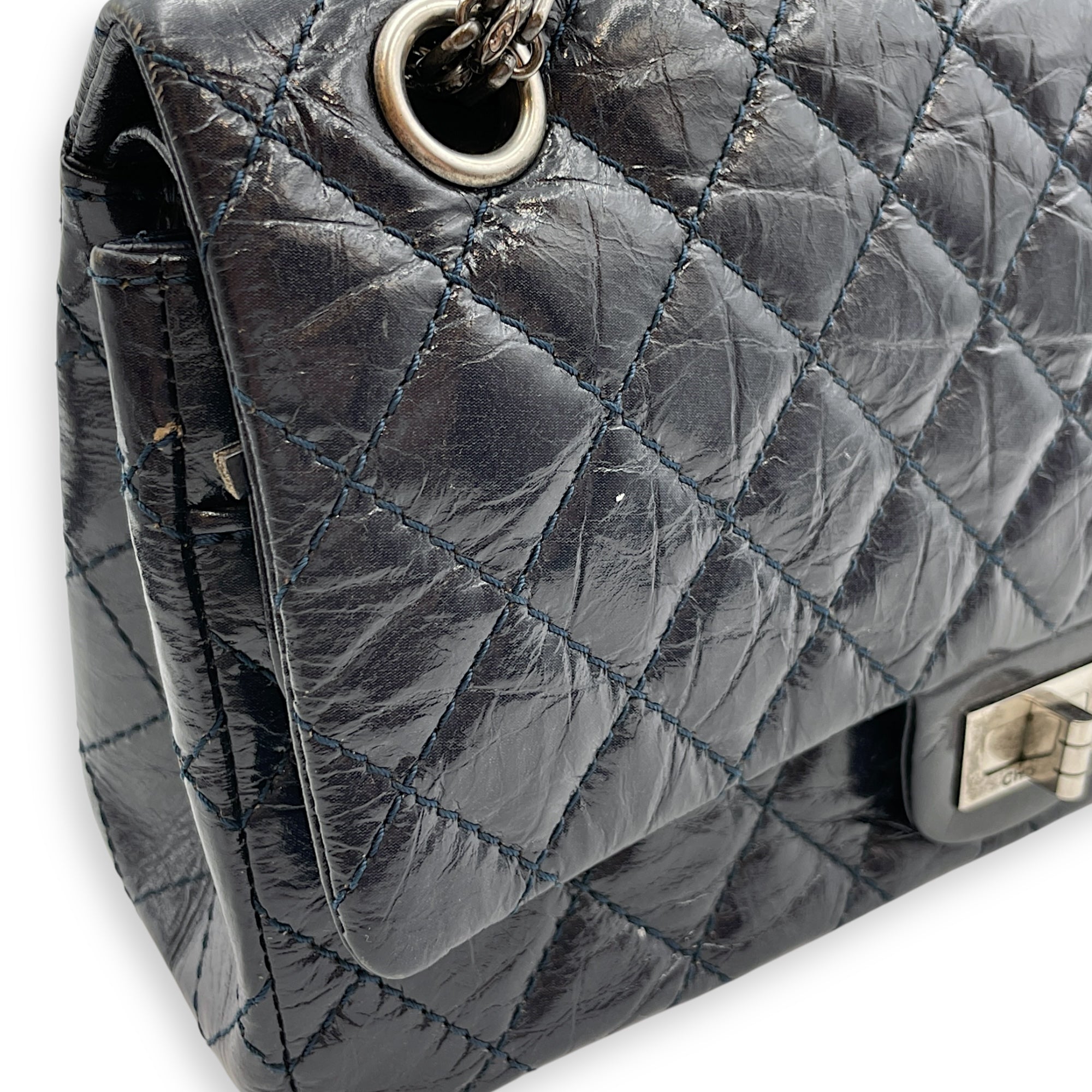 Reissue Blue Double Flap Bag in Distressed Leather, Ruthenium hardware