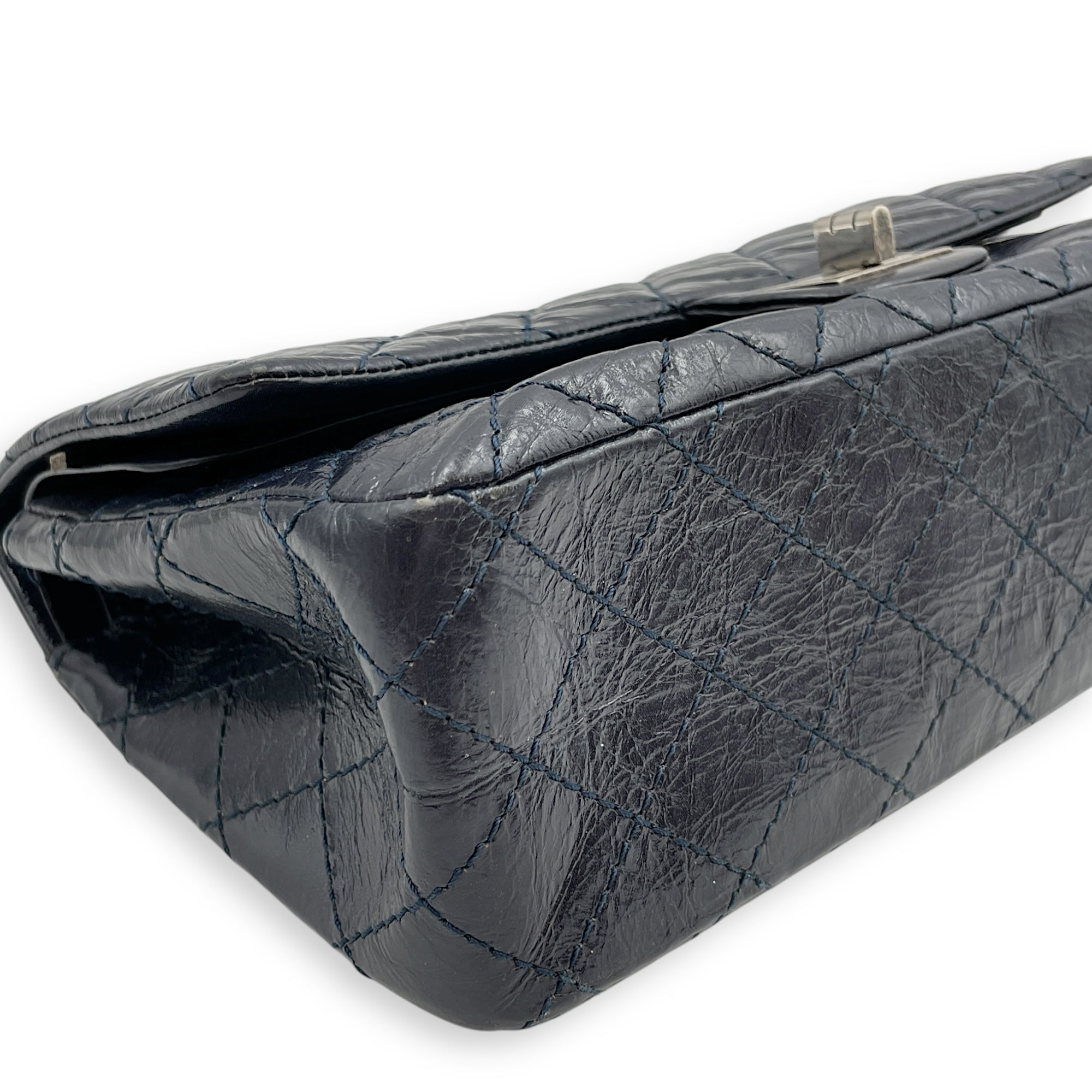 Reissue Blue Double Flap Bag in Distressed Leather, Ruthenium hardware