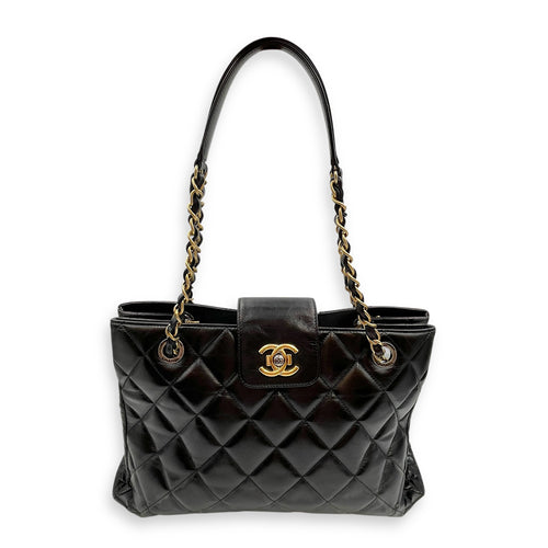 Quilted CC Black Tote Bag in Calfskin, Gold hardware