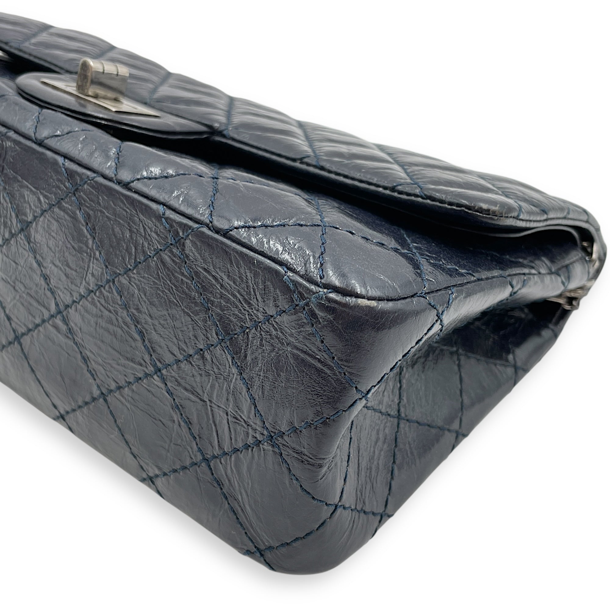 Reissue Blue Double Flap Bag in Distressed Leather, Ruthenium hardware