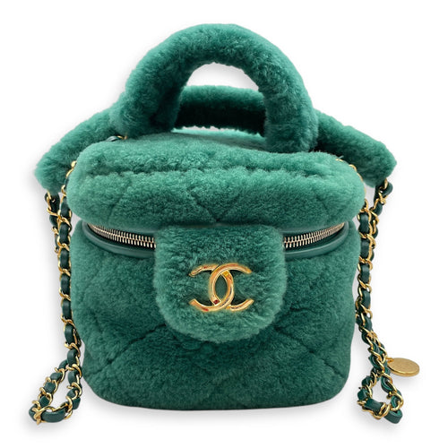 Shearling Quilted Vanity Green Shoulder Bag in Lambskin Gold hardware