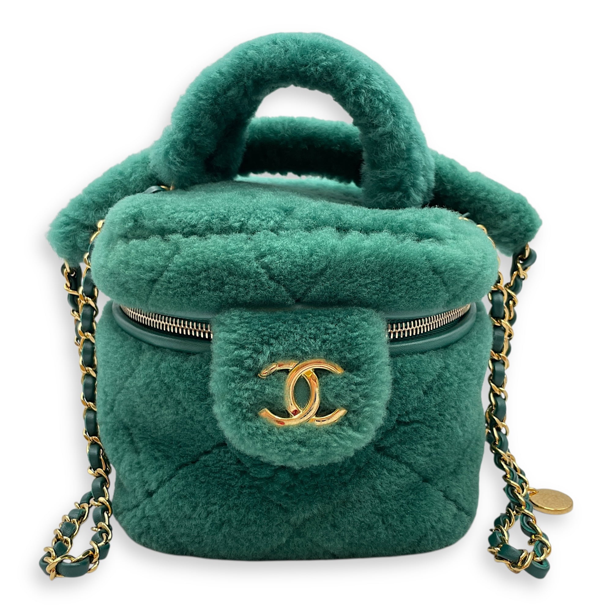 Shearling Quilted Vanity Green Shoulder Bag in Lambskin, Gold hardware