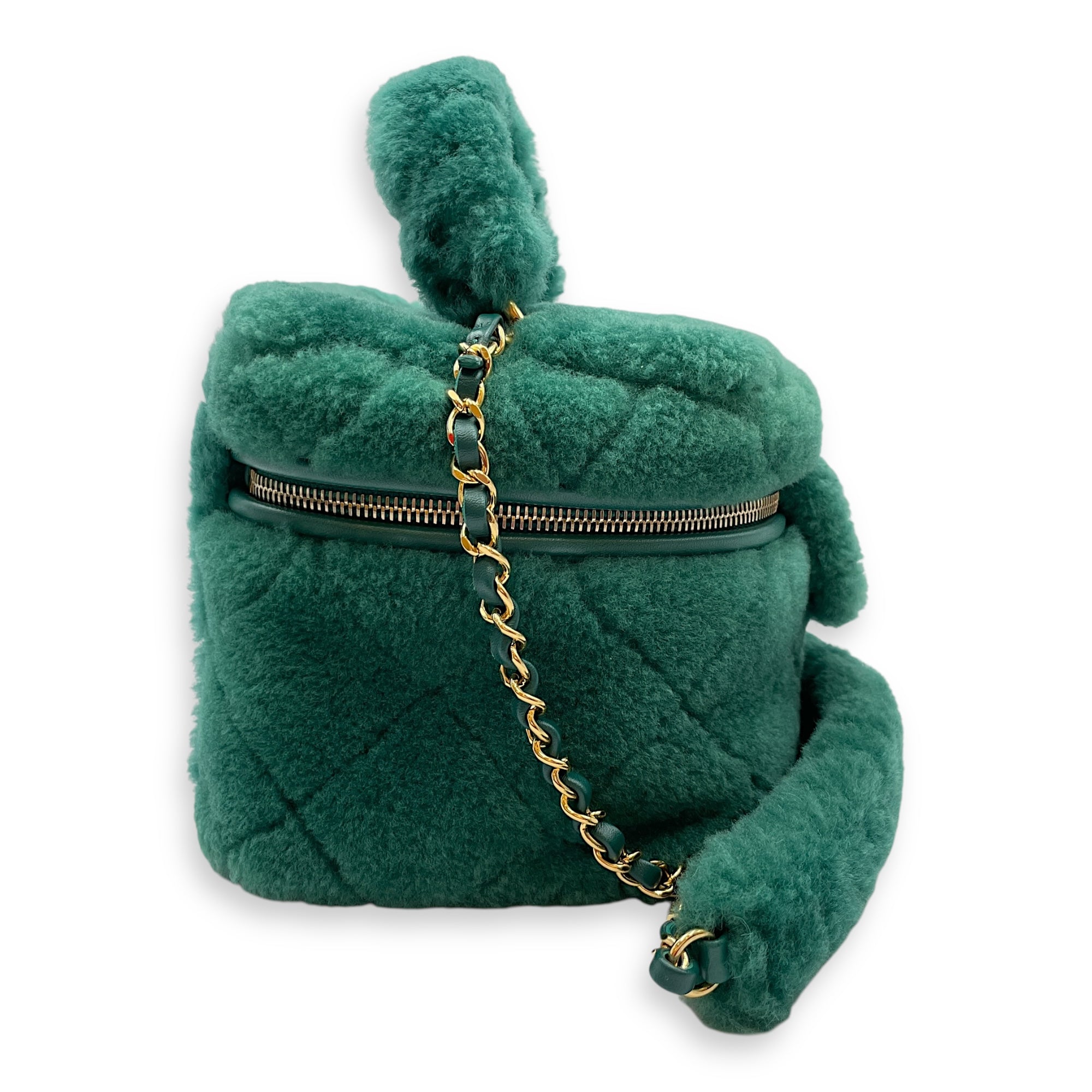 Shearling Quilted Vanity Green Shoulder Bag in Lambskin, Gold hardware