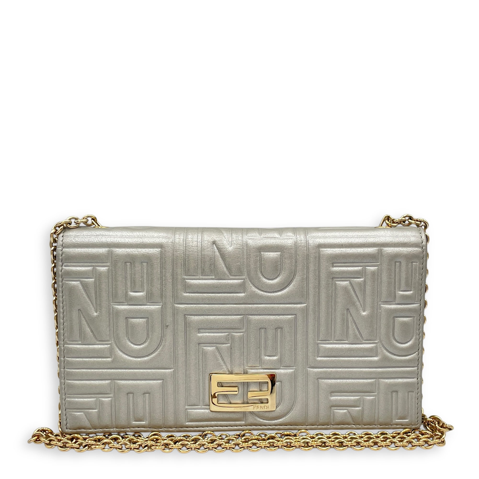 Metallic Embossed Leather Silver Wallet on Chain , Gold hardware