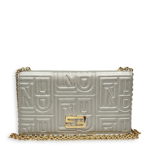 Metallic Embossed Leather Silver Wallet on Chain , Gold hardware