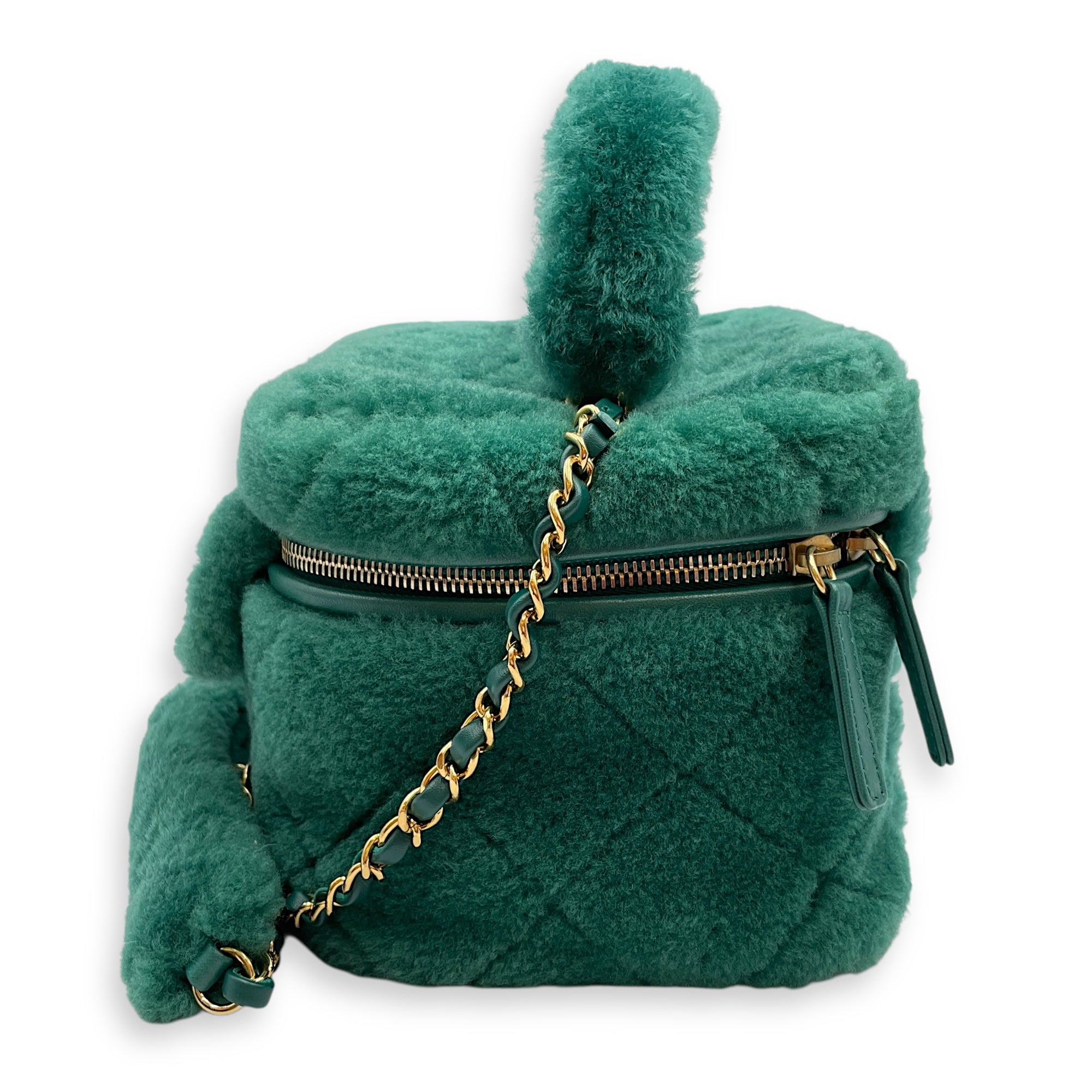 Shearling Quilted Vanity Green Shoulder Bag in Lambskin, Gold hardware