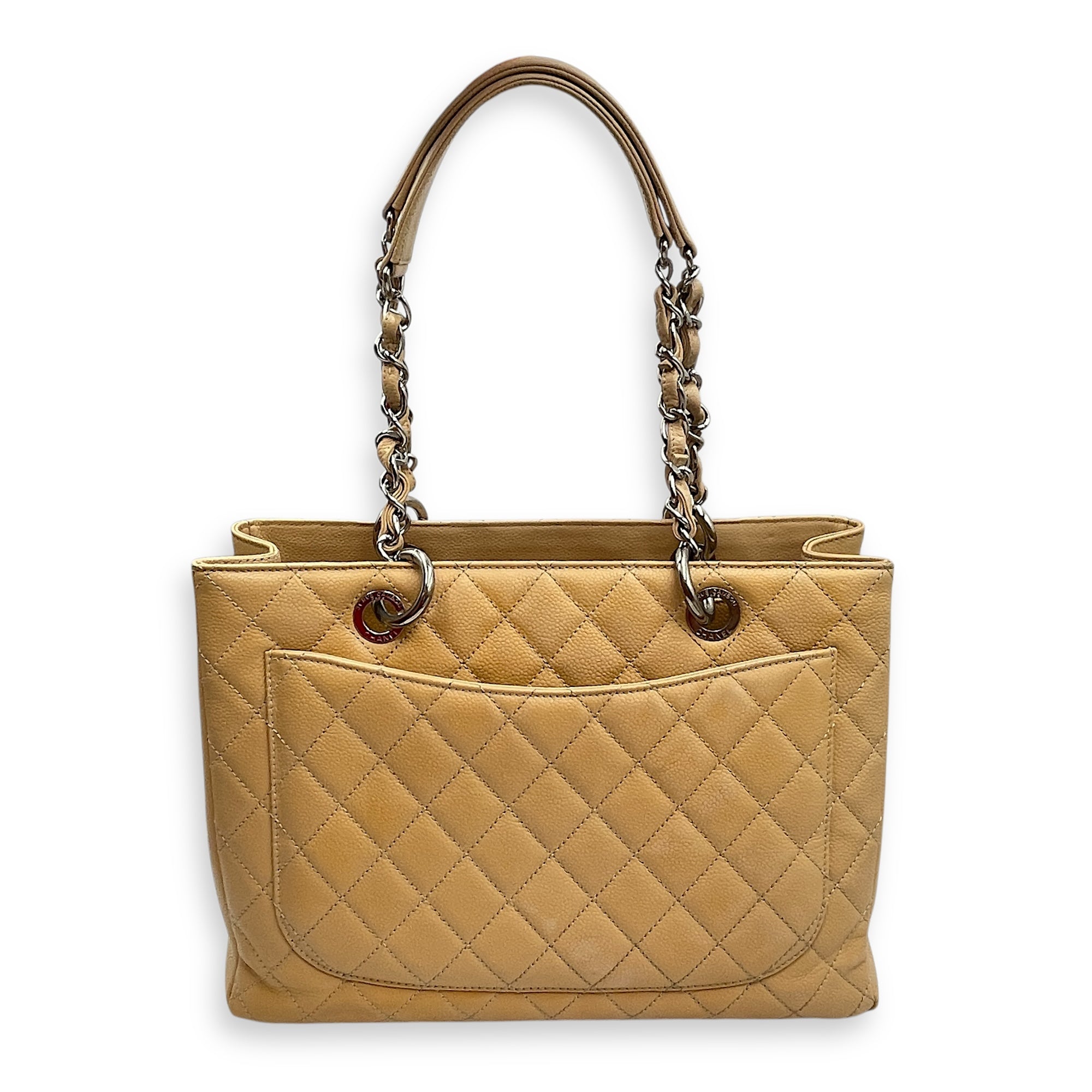 GST Beige Shoulder Bag in Caviar Leather, Silver hardware