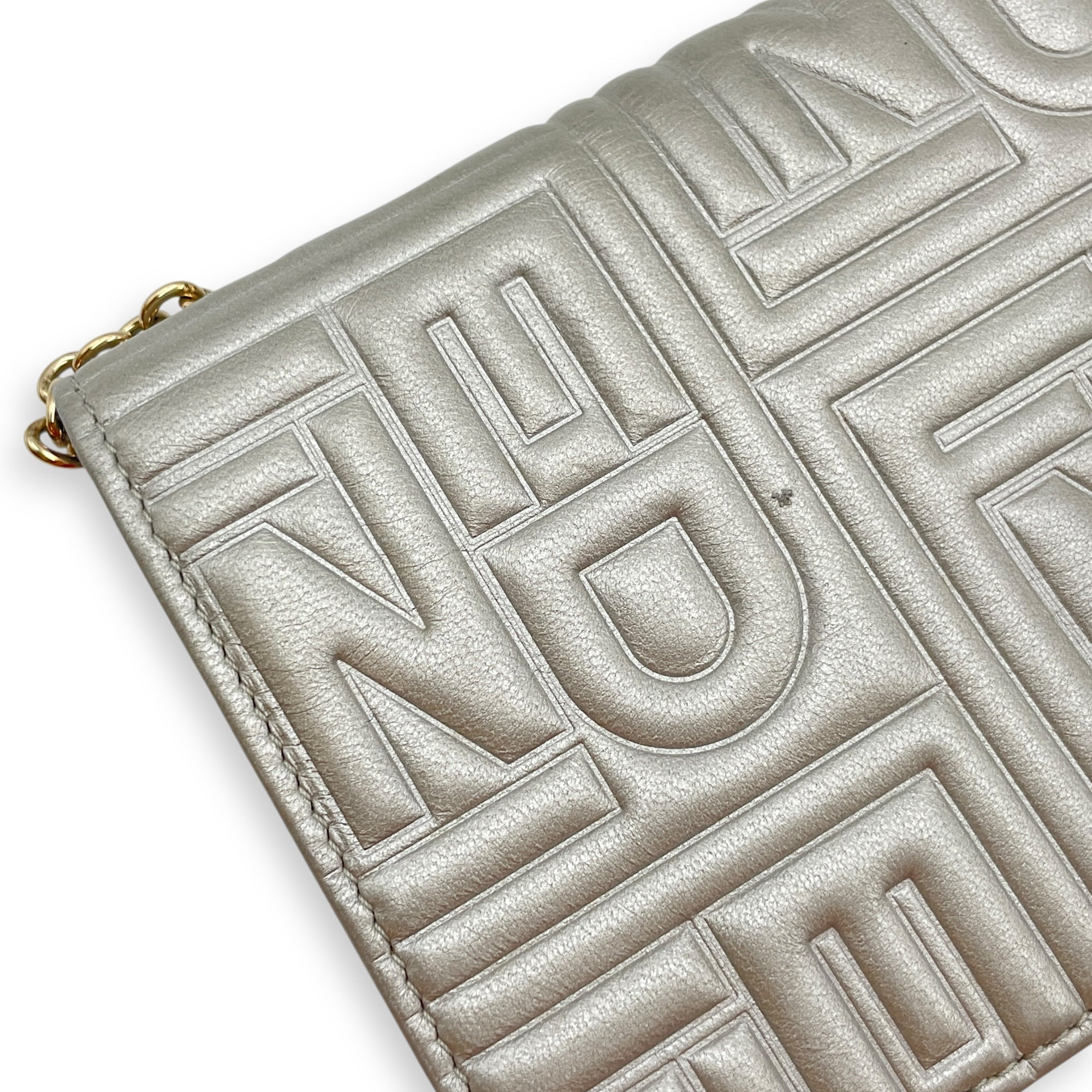 Metallic Embossed Leather Silver Wallet on Chain , Gold hardware