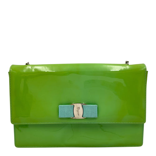 Cara Bow Green Crossbody Bag in Patent Leather, Silver hardware