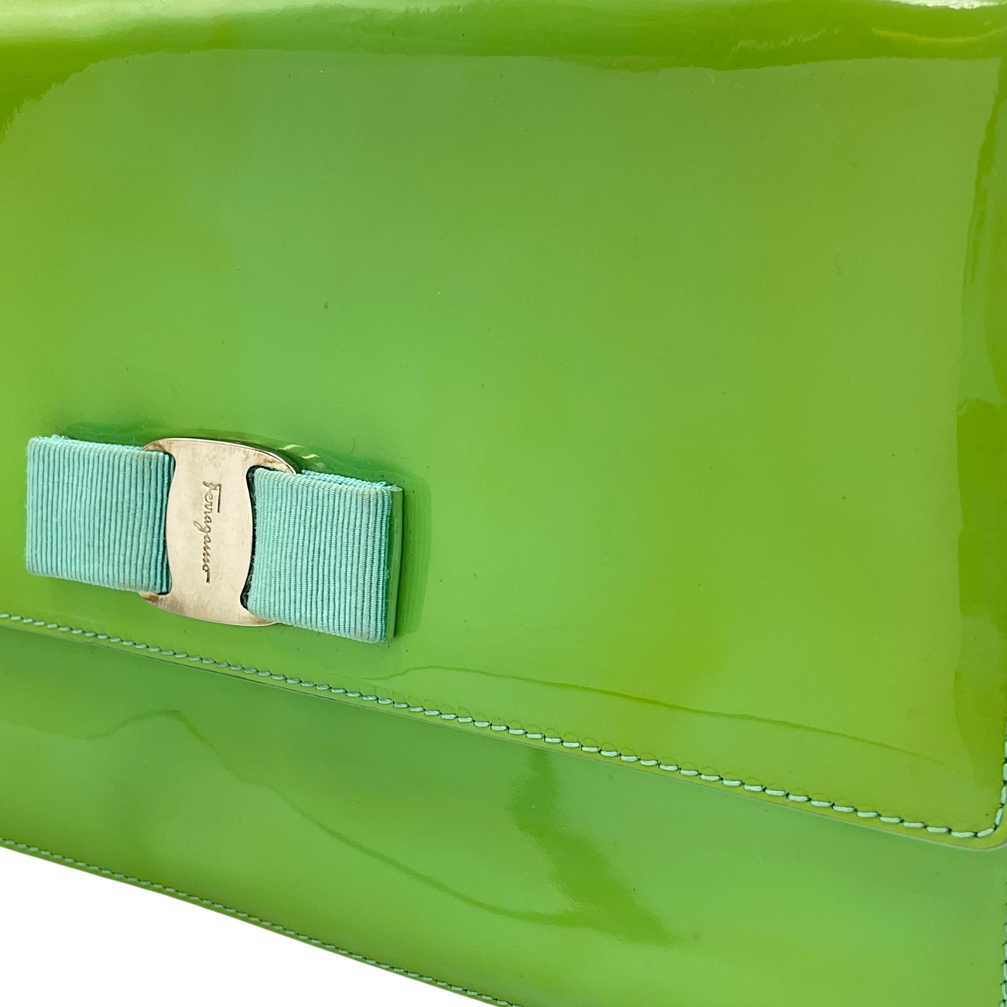 Cara Bow Green Crossbody Bag in Patent Leather, Silver hardware