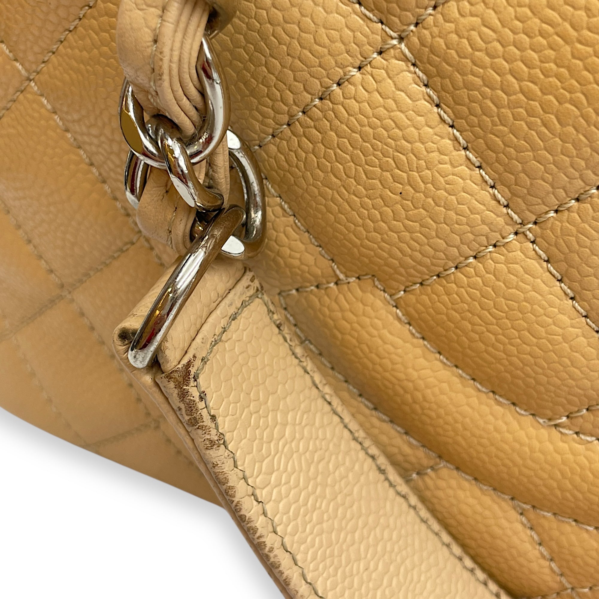 GST Beige Shoulder Bag in Caviar Leather, Silver hardware