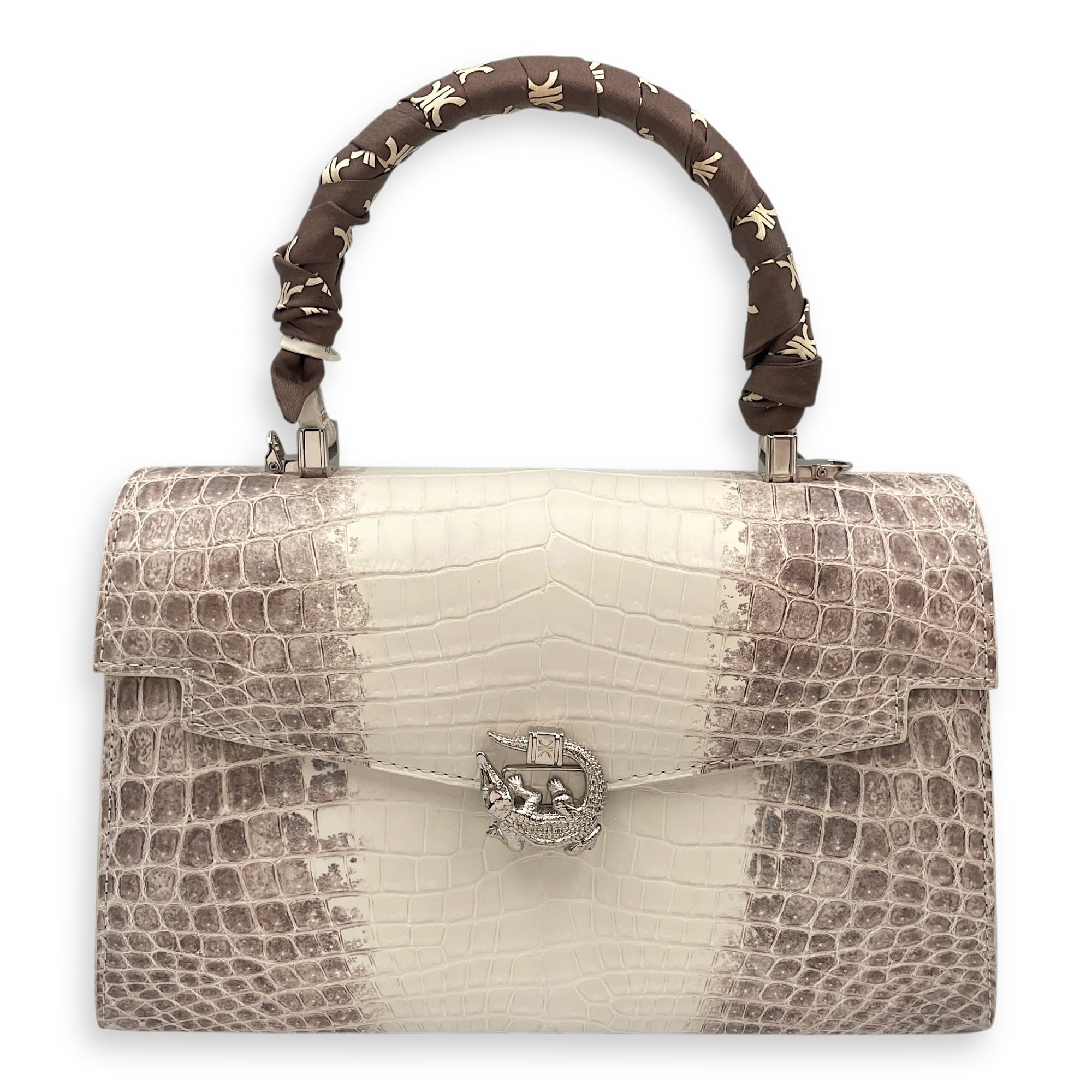 Homage Crescent White Top Handle Bag in Matte Niloticus, Silver hardware